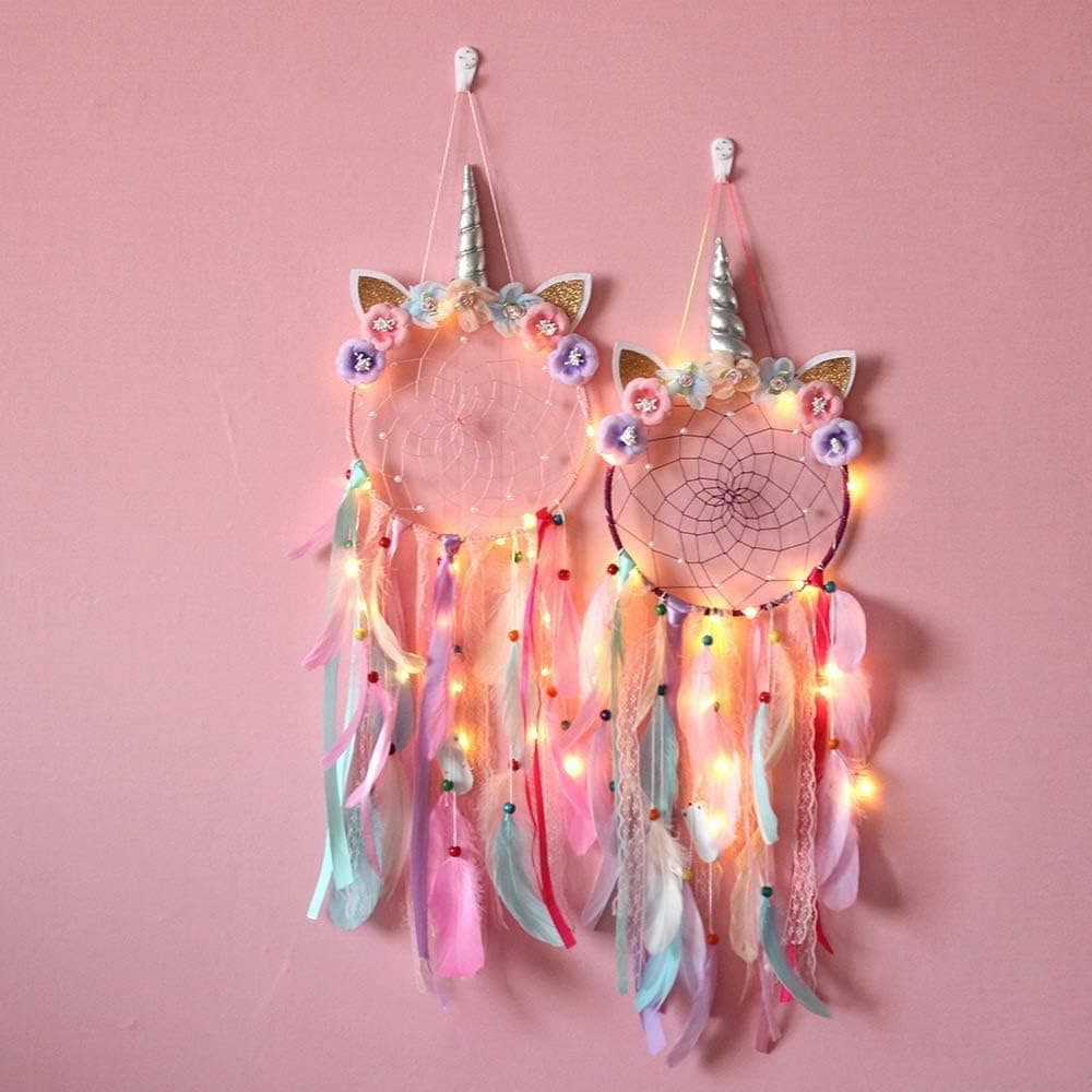 AIXIANG 2 Set Unicorn Dream Catcher LED Extra Large, Light Up Pink Dream Catcher Wall Decor, LED Dreamcatcher , Colorful Feather Dream Catchers for Girls Gifts Packaged (Pink+Purple)