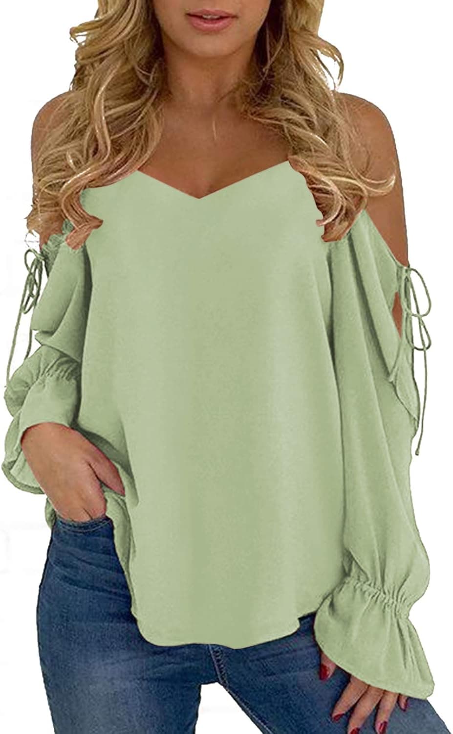 YOINS Cold Shoulder Long Sleeve Tops for Women Sexy Lace-up Chiffon Casual Loose T Shirt