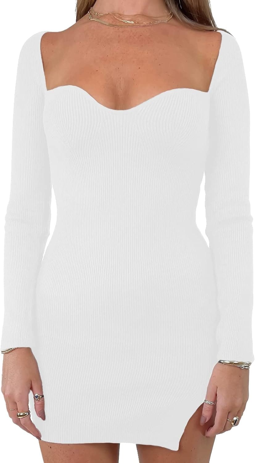 Effeltch Womens Bodycon Dress Knit Sweetheart Neck Long Sleeve Slim Fit Pullover Mini Sweater Dress