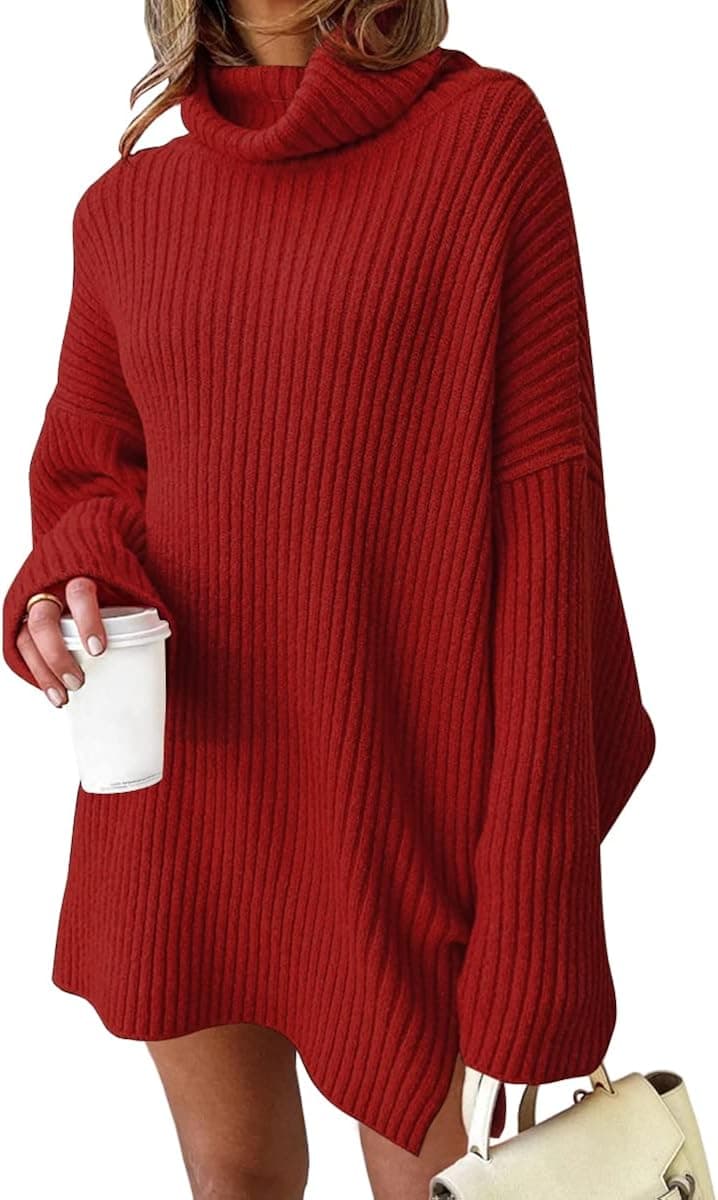 LILLUSORY Women's Turtleneck Oversized Long Batwing Sleeve Plus Size Tunic Pullover Ribbed Knit Sweater