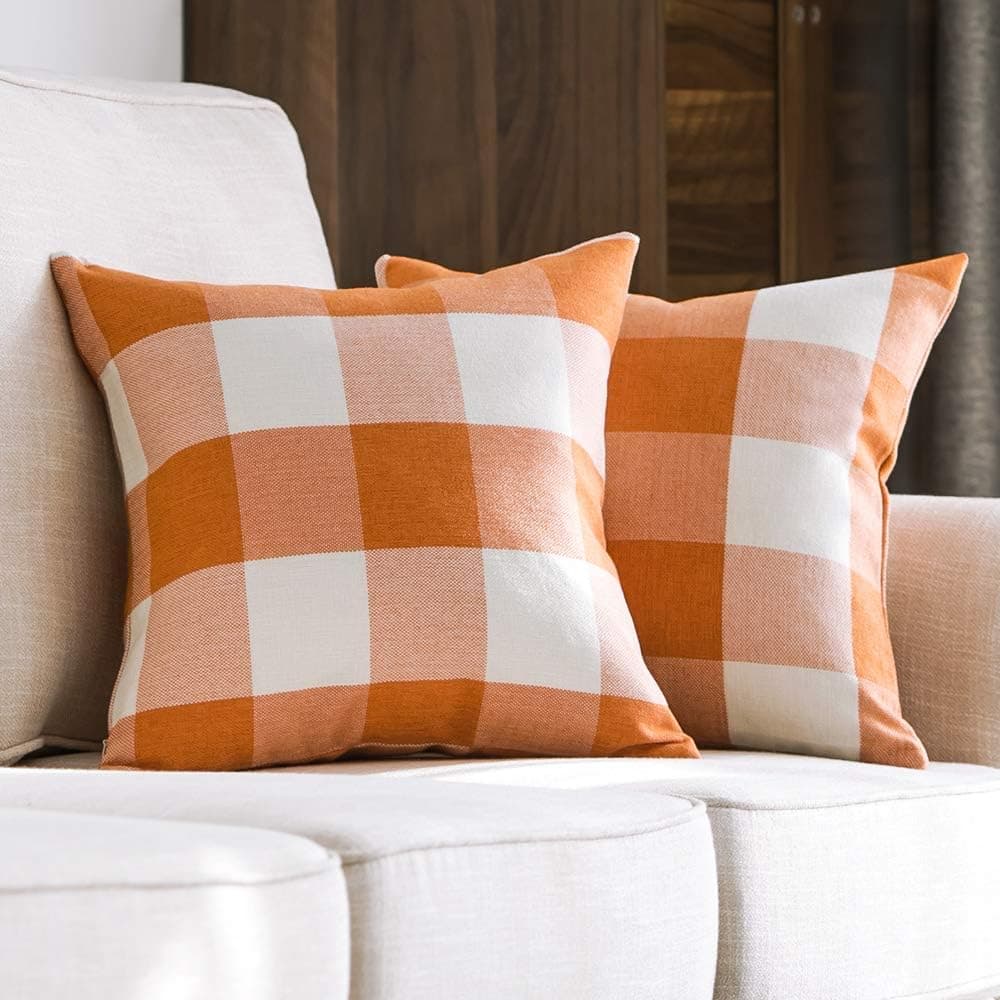 MIULEE Pack of 2 Fall Classic Farmhouse Buffalo Check Plaids Linen Soft Solid Orange and White Decorative Throw Pillow Covers Home Decor Cushion Case for Sofa Bedroom 22 x 22 Inch 55 x 55 cm
