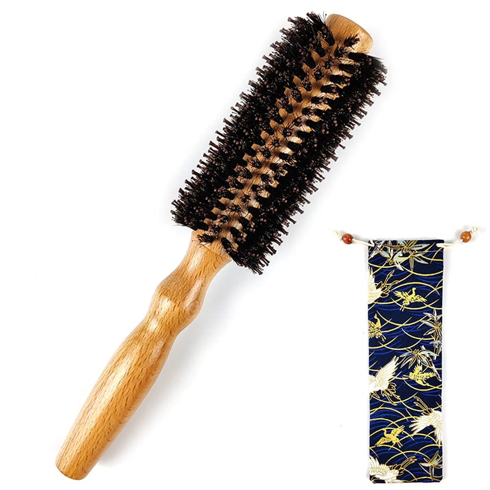 Round Brush for Blow Drying，Natural Boar Bristle & Nylon Pins Round Brush with 100% Natural Wood Handle for Styling, Curling, and Straightening, Professional Salon-Like Blowouts (Diagonal-Grain)