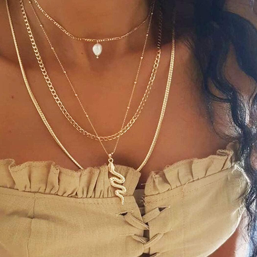 Simsly Boho Layered Necklace Gold Snake Pearl Pendant Necklaces Chain Jewelry for Women and Girls