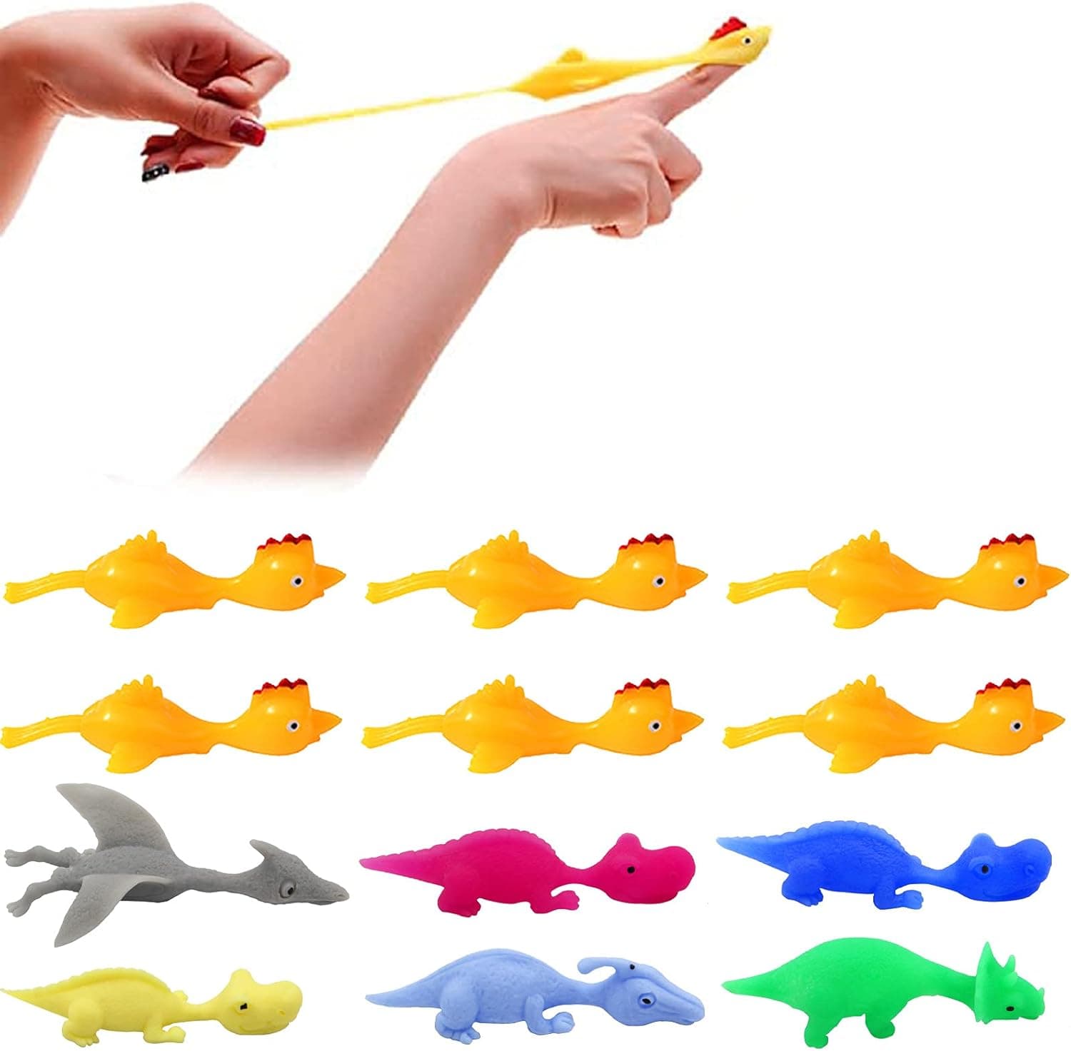 12 Pcs Finger Slingshot Animal Toy, Slingshot Chicken Rubber Flick Flying Chicken Dinosaurs Slingshots Stretchable Funny Finger Animal Slingshot Toys for Flying Games Easter Party Favors Gift Toy