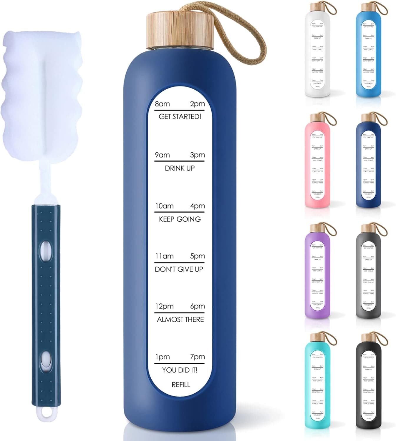 PROBTTL 32 Oz Borosilicate Glass Water Bottle with Time Marker Reminder Quotes, Leak Proof Reusable BPA Free Motivational Water Bottles with Silicone Sleeve and Bamboo Lid