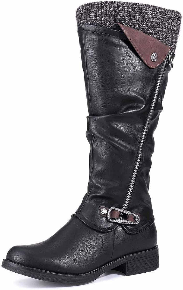 CAMFOSY High Boots for Women Low Heel, Winter Warm Fur Lined Knee High Boots Side Zipper Casual Comfort Outdoor Tall Shaft Boots Flat Buckle Riding Boots Shoes