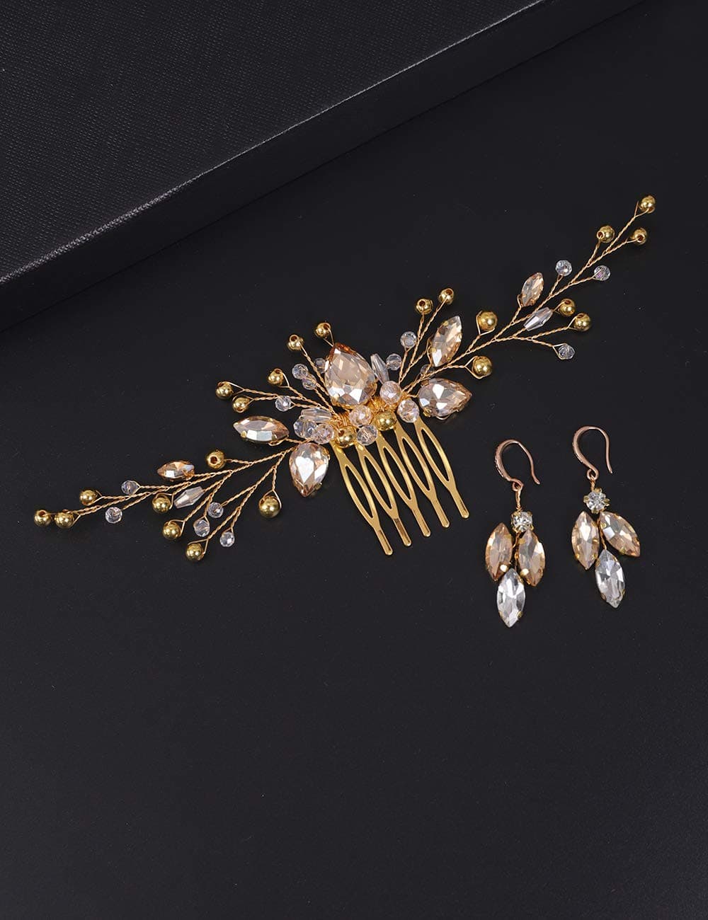 BERYUAN Women Champagne Crystal Earring Hair Vine Set Gold Wedding Hair Accessory Gold Hair Comb Party Prom Headpiece for Bride Bridesmaid Girls