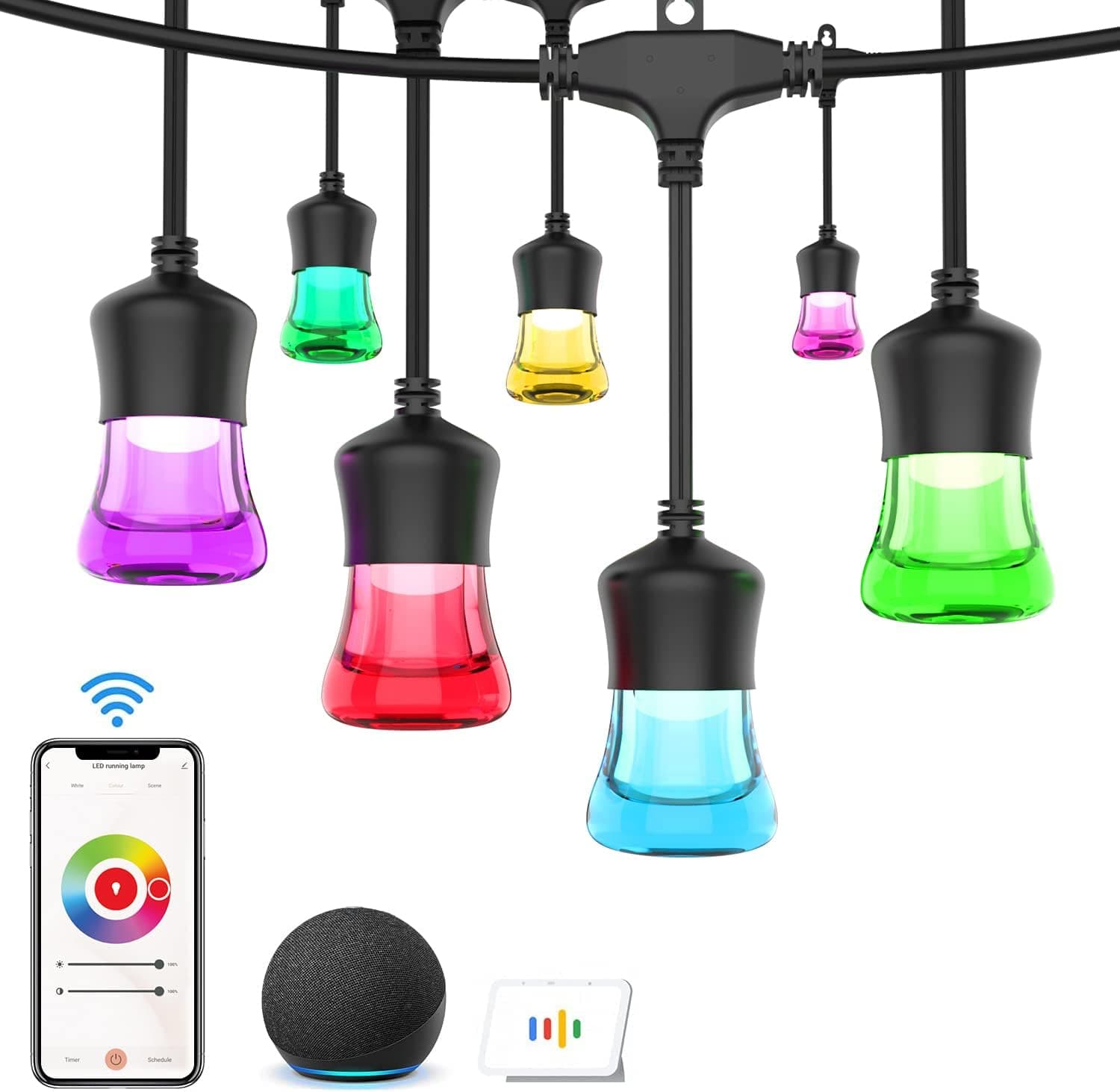 Bomcosy Outdoor Smart String Lights Dimmable- RGB Patio Lights 100FT, Christmas LED String Lights Indoor Outdoor Waterproof 2.4GHz Wi-Fi & Alexa Control Hanging Lights for Party Wedding