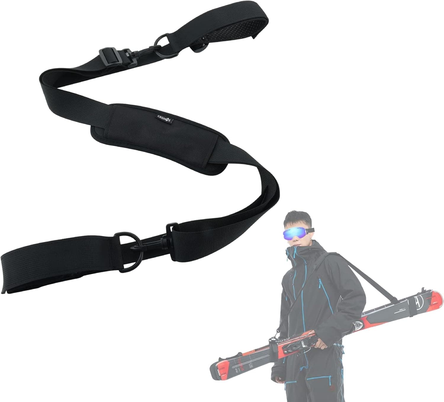 CM Ski Strap Shoulder Carrier and Ski Pole Carrier Strap – Adjustable Shoulder Sling with Cushioned Ski Holder – Skiing Accessory for Ski Gear Travel Carrying
