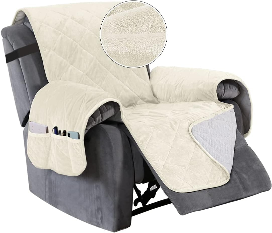 Turquoize Velvet Recliner Covers for Recliner Chair Covers Non Slip Recliner Slipcovers for Small Recliner with Elastic Straps Seat Width Up to 22" Recliner Chair Furniture Protector (22", Ivory)
