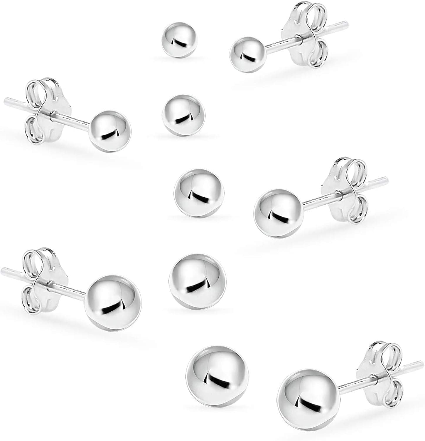 Sterling Silver Ball Stud Earrings Set, Women Men Teen Girls 2mm 3mm 4mm 5mm & 6mm