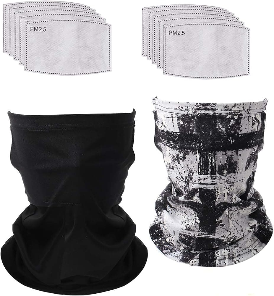 VIGEIYA Neck Gaiter with Ear loops and Carbon Filters Cool Face Scarf Bandana for Youth Women Men 12Pcs(Black Grid)