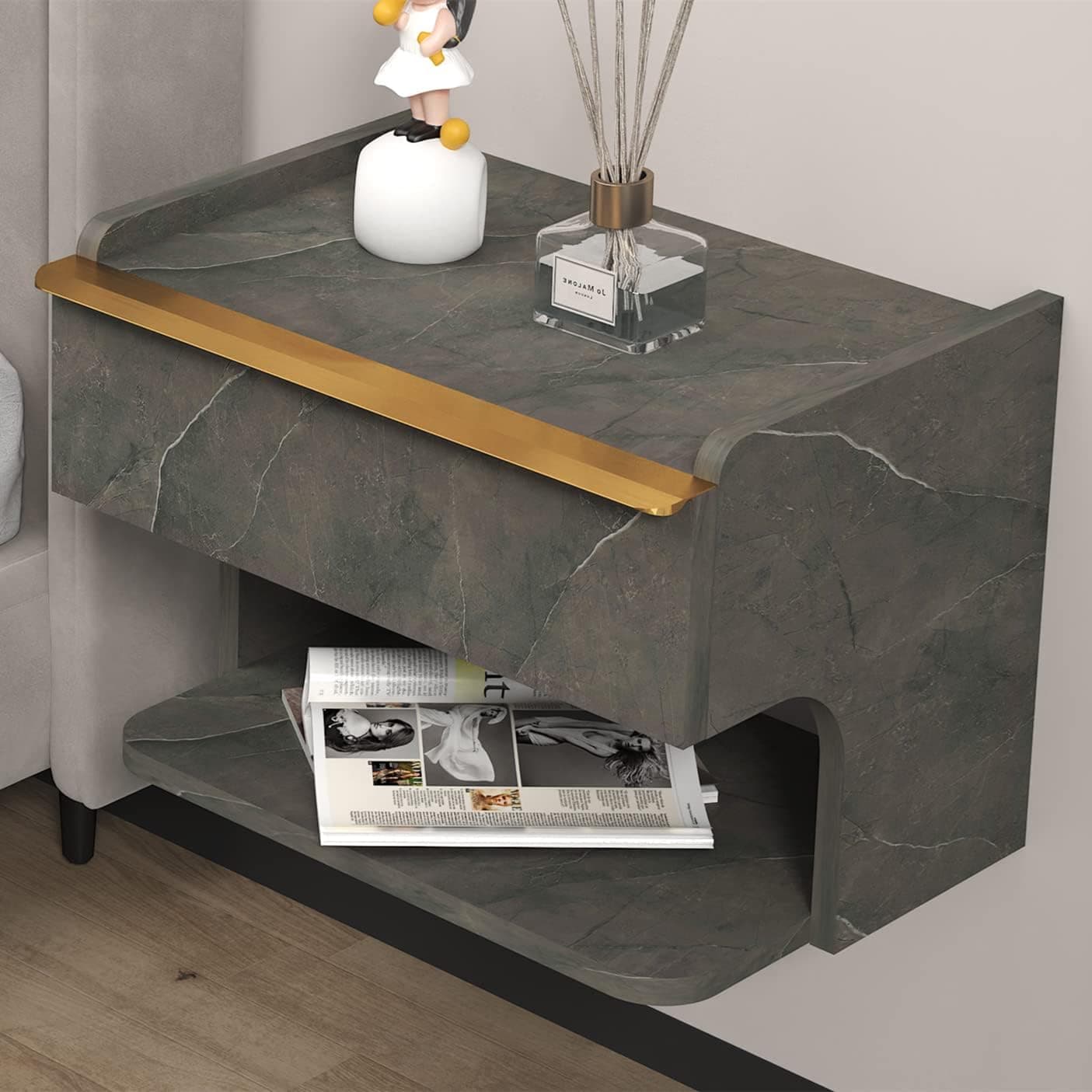 Bixiaomei Floating Nightstand with Drawer, Wall Mounted Floating Bedside Table, Modern End Table with Wooden Open Storage Shelf for Bedroom & Living Room(1 Piece/Dark Grey/17.72IN)