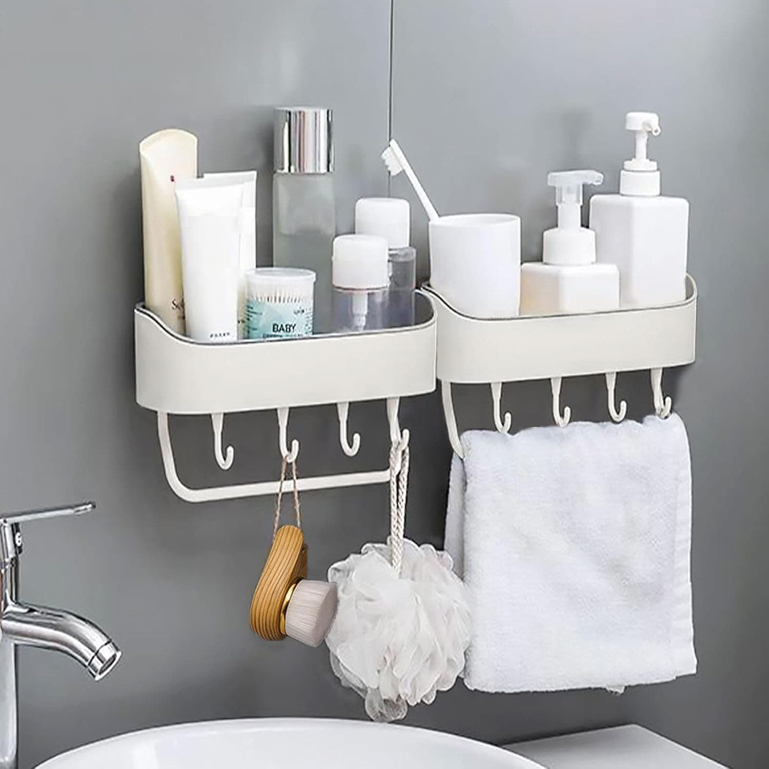 BAIYA Shower Caddy Bathroom Shelf Rack Holder with Hooks Storage Organizers No Drilling Traceless Adhesive Shower Shelf Inside Shower for Lavatory, Washroom, Restroom, Shower, Toilet, Kitchen-2 Pack