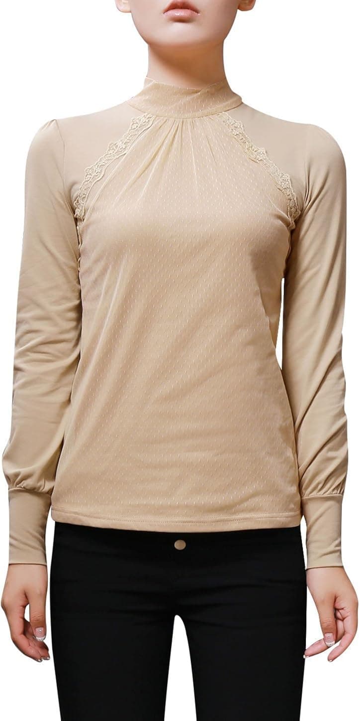 Allegra K Woman Mesh Panel Front Mock Neck Bracelet Sleeves Top L Beige
