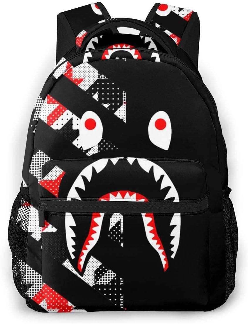 Big Capacity Rucksack, Black Red White Houndstooth Shark Teeth Anti-Theft Multipurpose Shoulder Bag with Adjustable Shoulder Straps, College School Bookbag, Travel Hiking Backpack Computer Bag