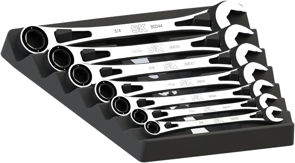 SK Tools USA, LLC, 80049, SK Ratcheting Wrenches, Fractional Combination Wrench Set, 3/8 Inch to 3/4 Inch, SuperKrome Finish, 7 Piece