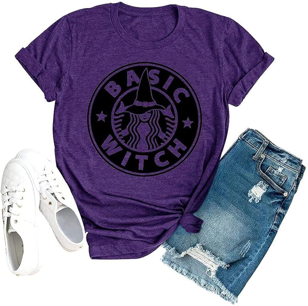 Anbech Women Basic Witch Shirt Halloween Letter Print Tees Casual Cute Short Sleeve Blouse Top