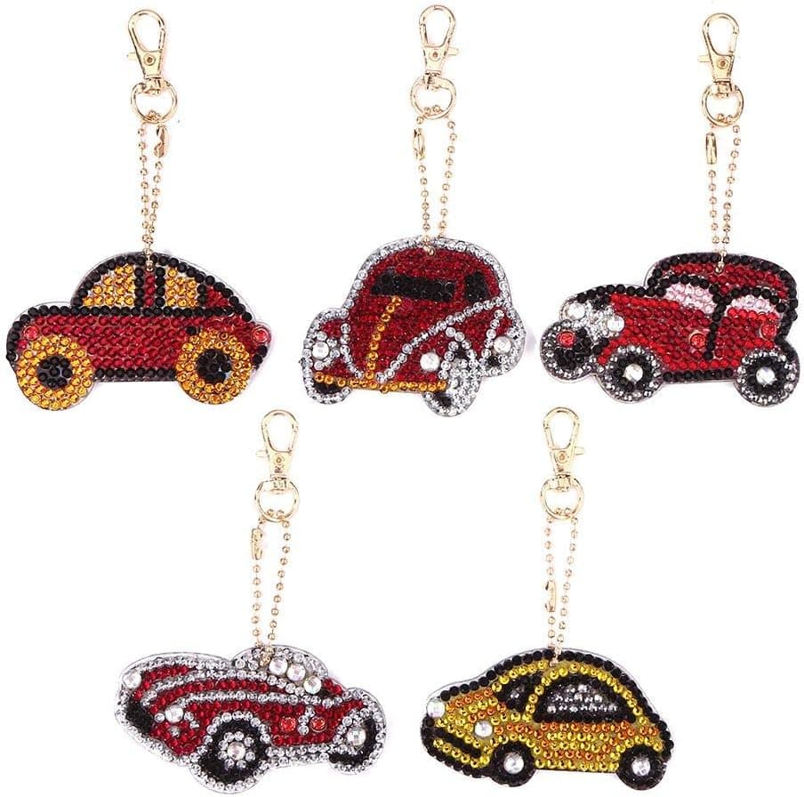 DIY 5D Diamond Painting Keychain for Kids and Adult,Full Drill Pendant Mosaic Making Key-Chains Key Ring,Phone Charm Bag Pendant Decor Accessory 5 Pack (Car)