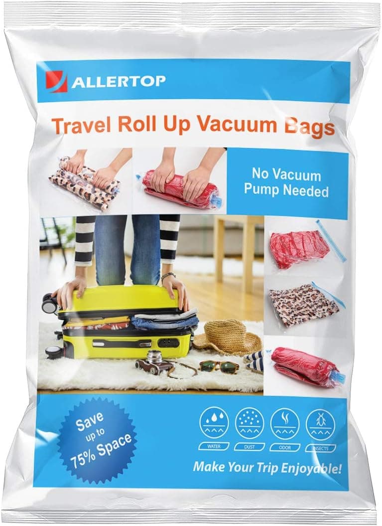 AllerTOP 12 Travel Space Saver Bags (6 X-Large, 6 Large) Minimize # of Suitcases & Luggage Weight. Roll-Up Compression, No Need for Vacuum Machine Or Pump. Separate Clean Clothes from Dirty Ones
