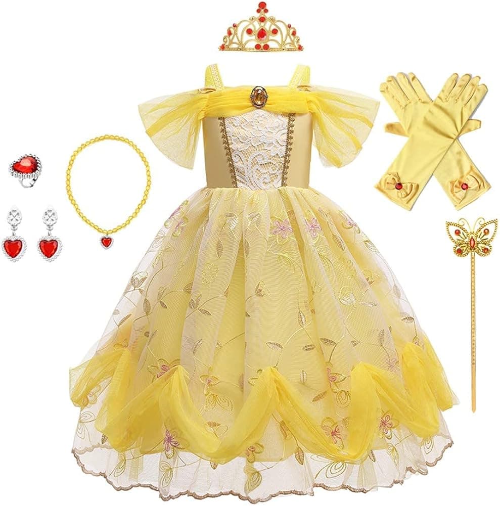 CinheyU Girls Belle Princess Birthday Party Dress w/Accessories Beauty and the Beast Costume Halloween Christmas Outfits