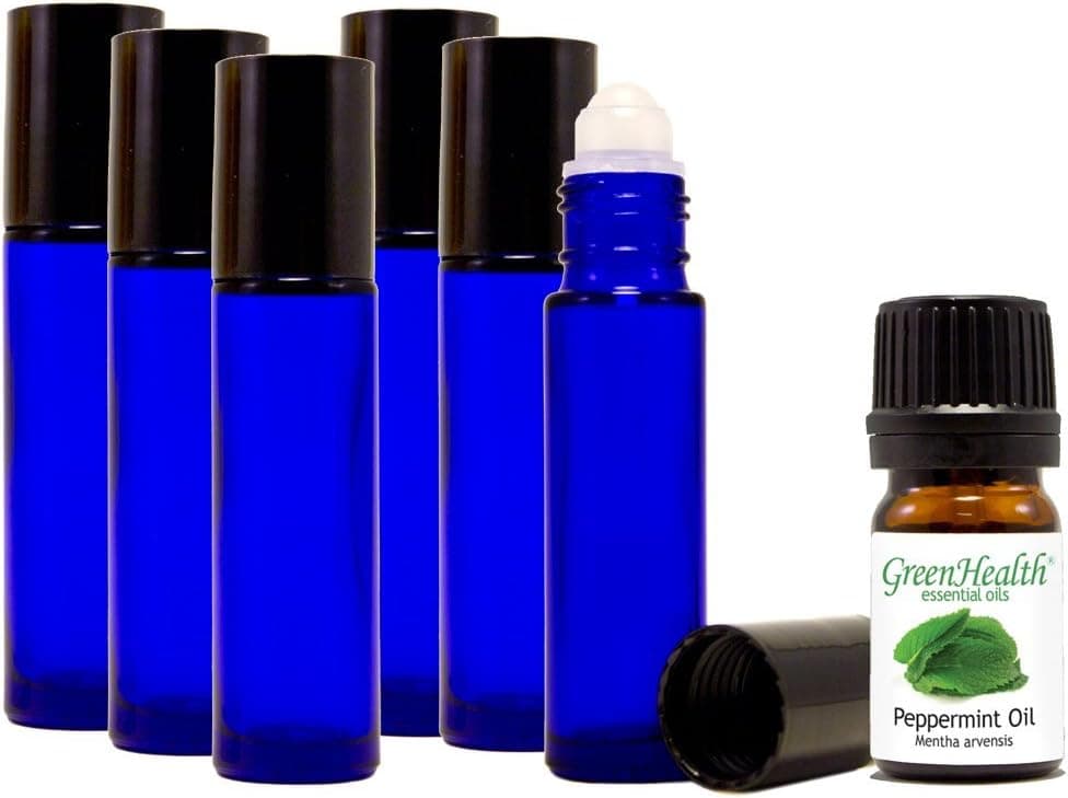 GreenHealth, Cobalt Blue, 10ml Glass Roll on Bottles (Pack of 6), with 5ml Peppermint Oil