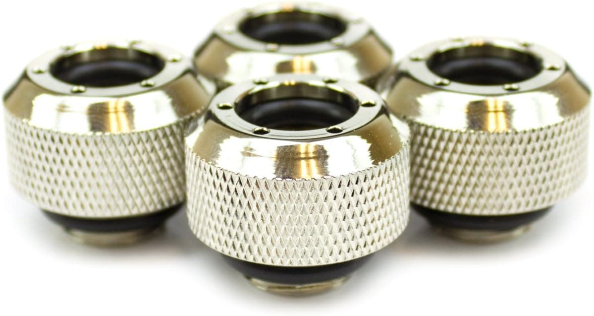 PrimoChill Rigid Revolver Compression Fitting - Diamond Knurled Grip - for 3/8in. ID x 1/2in. OD Tubing (4 Pack), Nickel Plated Brass - Silver