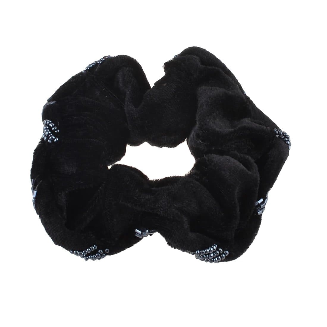 uxcell Ladies Bead Detailed Elastic Velvet Hair Rope Scrunchie Black