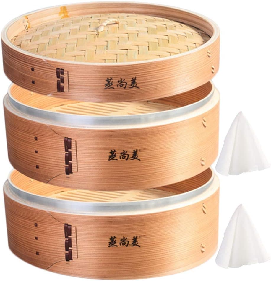 Hcooker Deepen Two-Tray Kitchen Wood Steamer with Stainless Steel Banding for Asian Cooking Buns Dumplings Vegetables Fish Rice