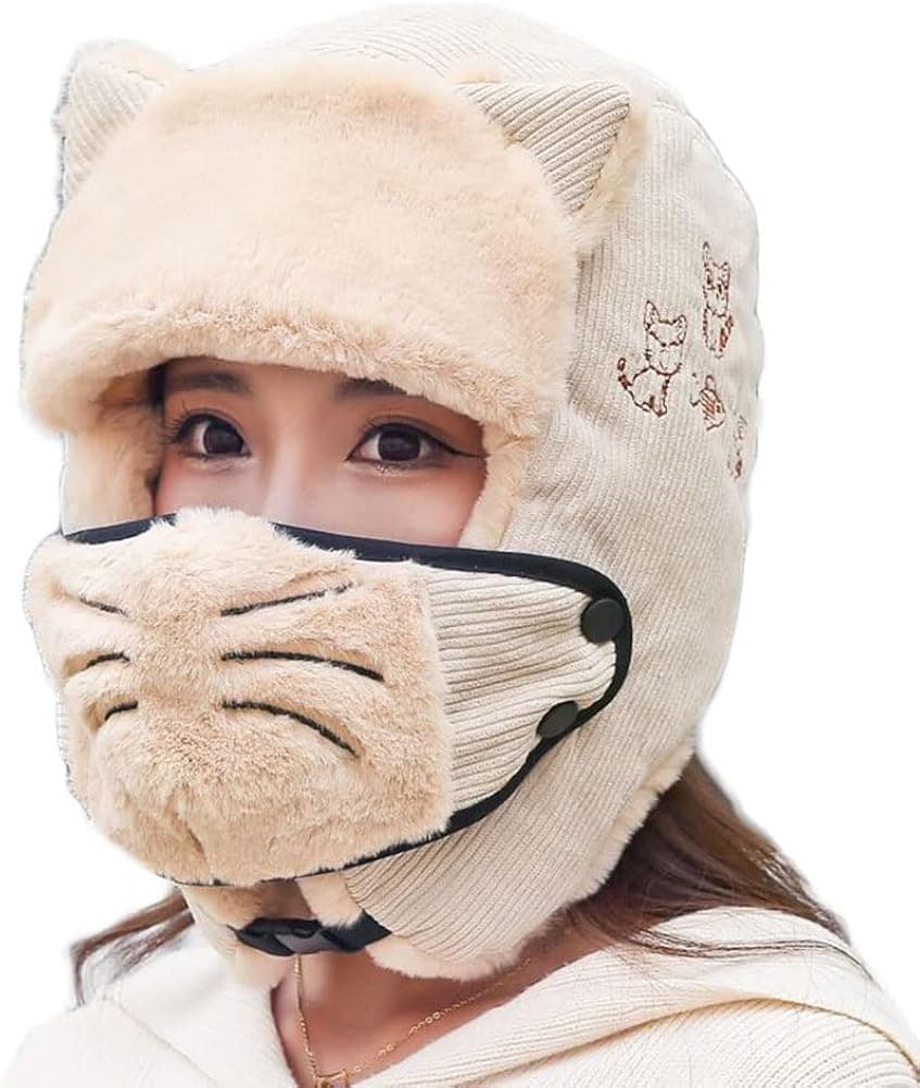Women's Trapper Hat Faux Fur Winter Hats Russian Hat with Buckle Trooper Warm Bomber Hat Ski Cycling Ear Flap Fluffy