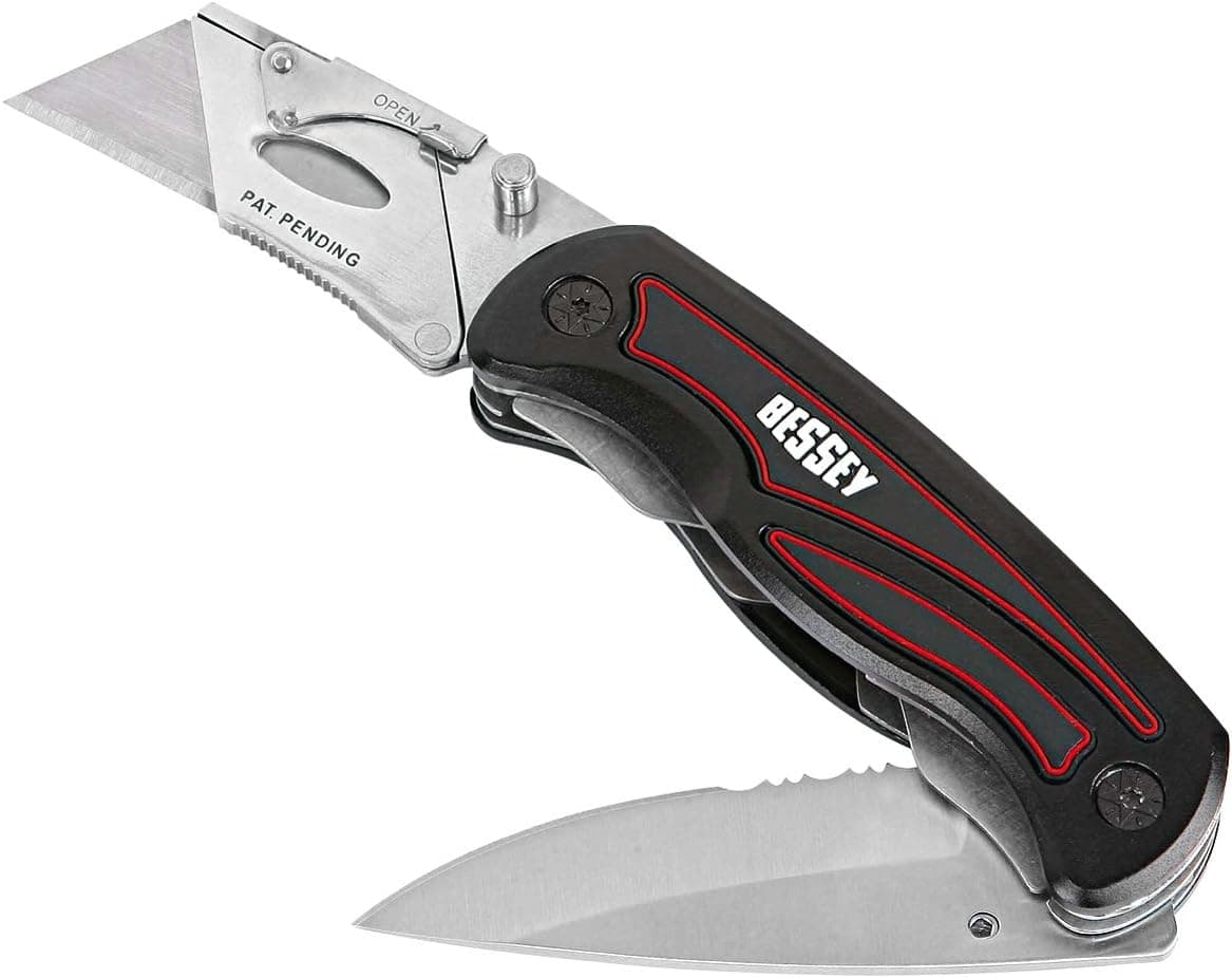 Bessey D-BKAH-2B Lock Back Knife with Smooth/Serrated Blade & Utility Blade, Red/Black