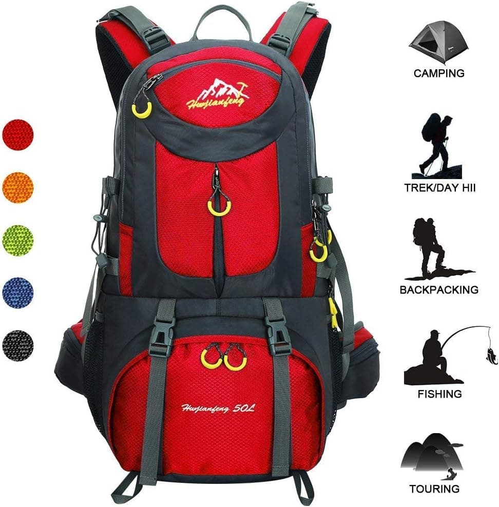 Huwaijianfeng Hiking Backpack 50L Waterproof Backpack Outdoor Sport Daypack with a Rain Cover for Climbing Mountaineering Fishing Travel Cycling