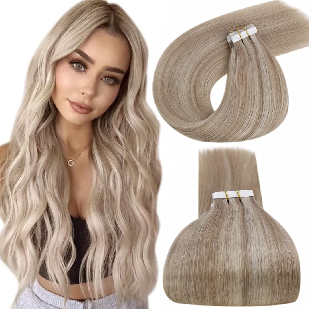 Tape in Extensions Human Hair Light Brown Highlighted Medium Blonde Seamless Real Human Hair Straight 20pcs 50g 16inch