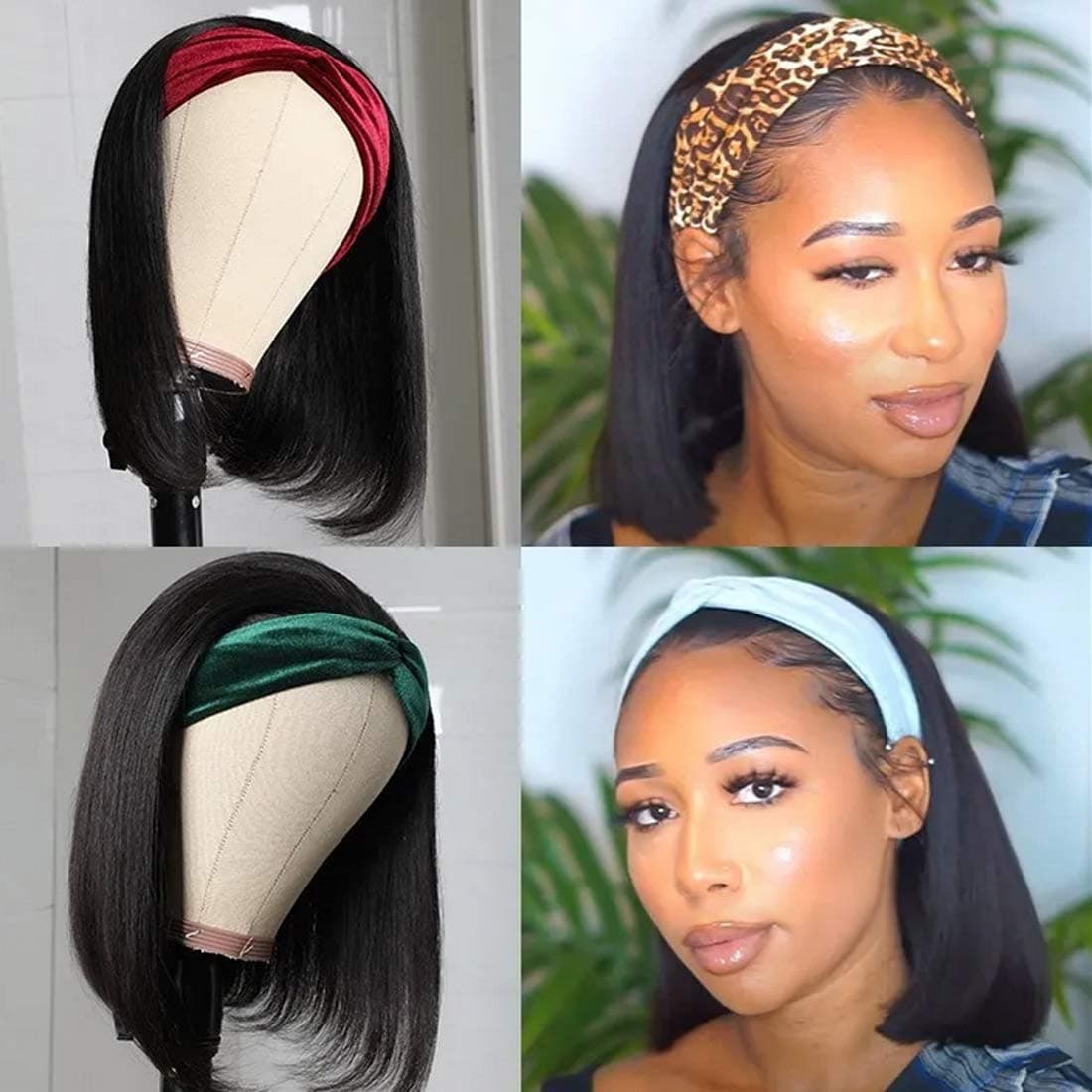 Sunber Short Bob Headband Wig Straight Human Hair Wigs, 14inch Non Lace Bob Wigs 150% Density Natural Color (12inch, bob)