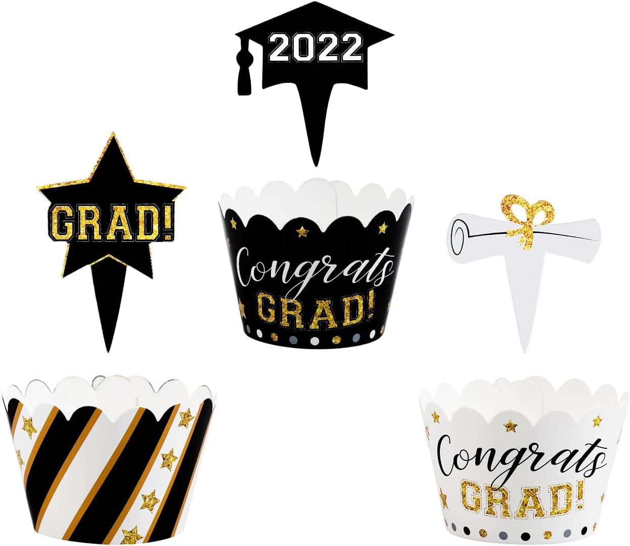 120PCS Graduation Cupcake Toppers Wrappers 2022 - Grad Party Supplies Congrats Cake Decorations
