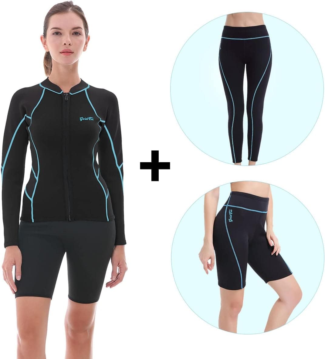 GoldFin Women Wetsuit Top & Pants & Shorts, 2mm Neoprene Wetsuit Jacket Trousers for Water Aerobics Diving Surfing in Cold Water (Tops 2XL, Pants 2XL, Shorts 2XL)