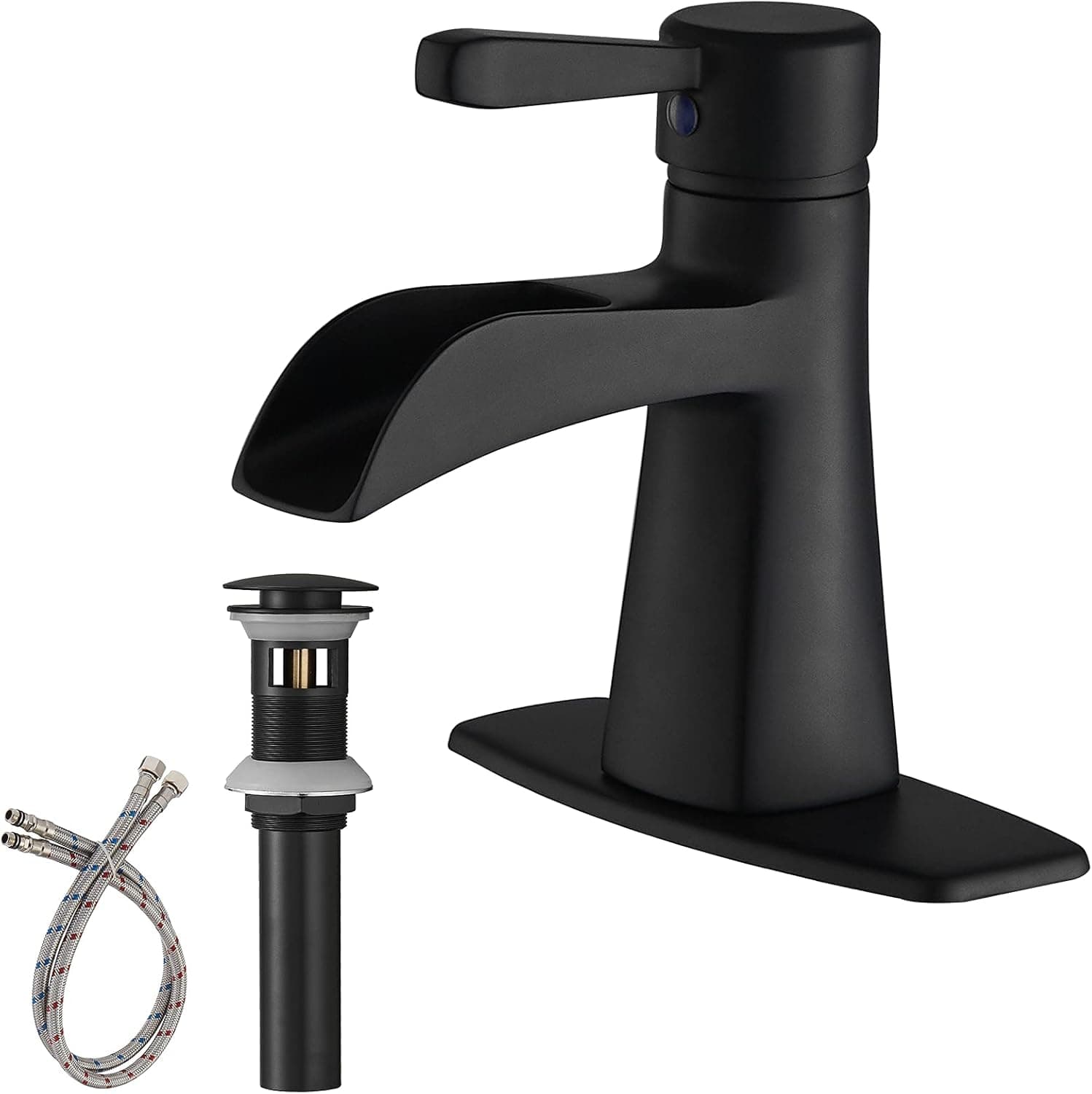BWE Black Waterfall Bathroom Faucet Single Handle Single Hole Modern Sink Faucet with Bathroom Sink Stopper and Supply Hose Bath Basin Vanity Mixer Taps Lead-Free