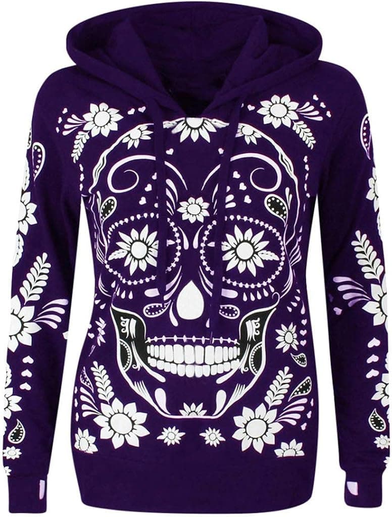 Outdoor Hoodie Women's Long Sleeve Sweatshirt Skull Print Hooded Pullover Sweater Hat Sweater Loose Halloween Tops Purple