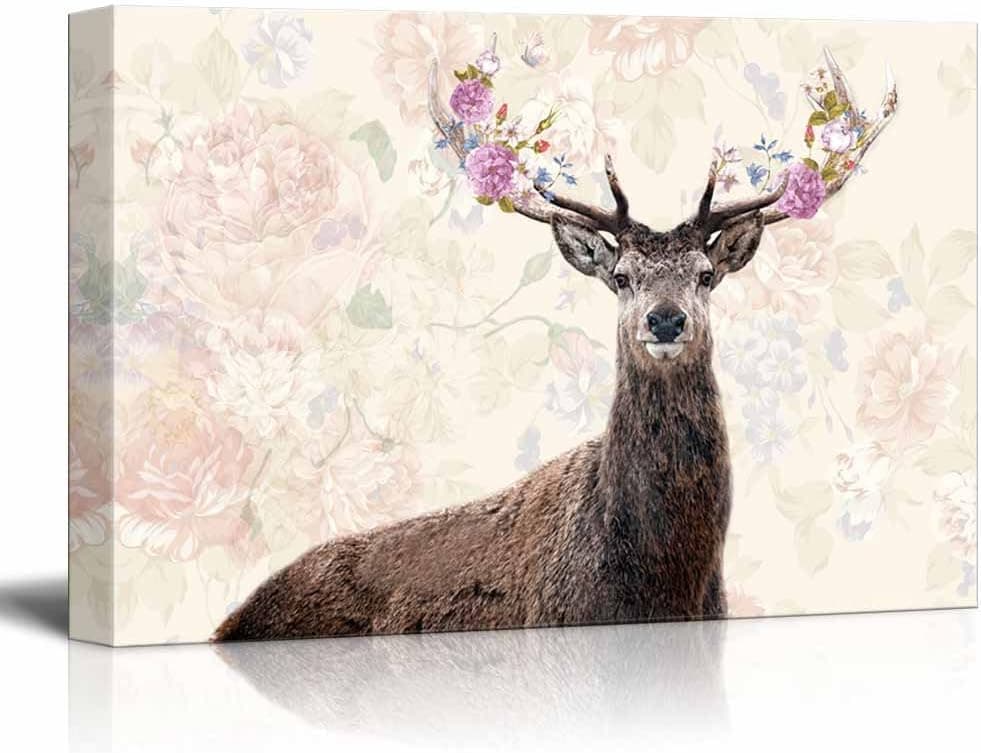 wall26 - Canvas Wall Art - Deer with Flowers in Antlers with Floral Background - Gallery Wrap Modern Home Art | Ready to Hang - 16x24 inches