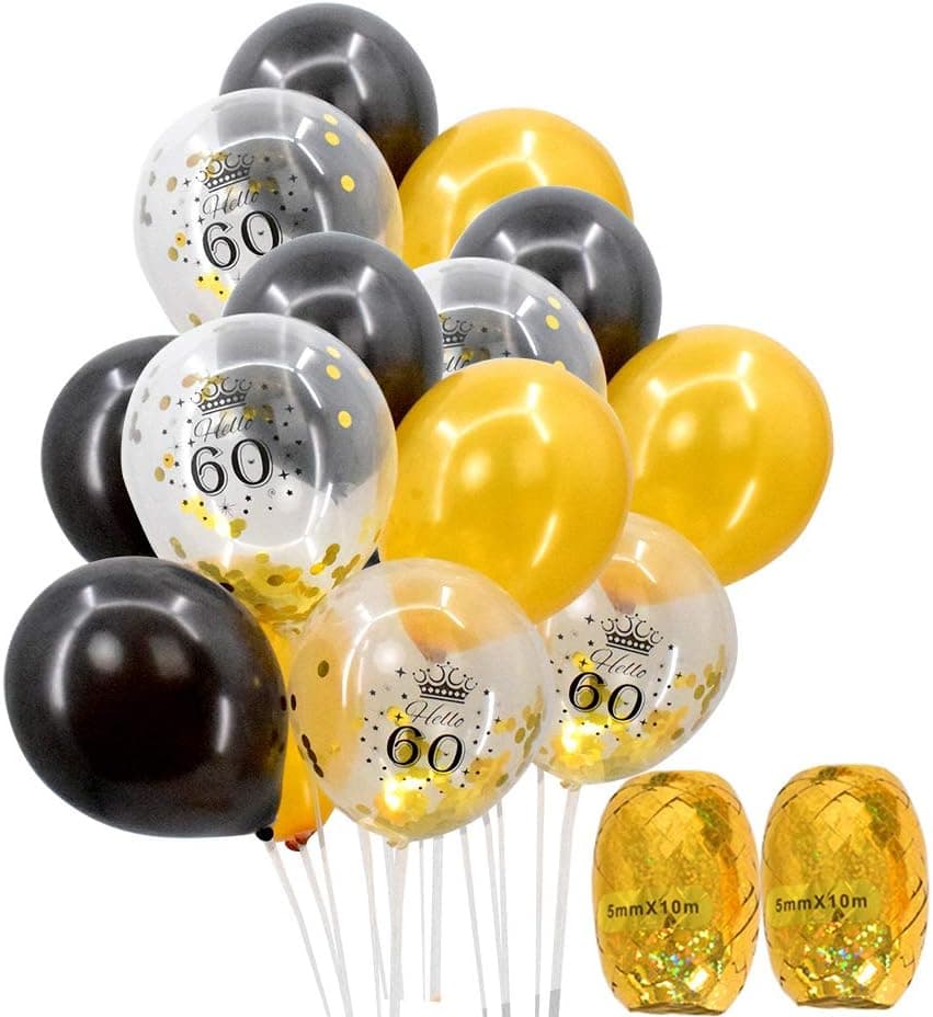 60th Birthday Balloons - 12" Gold and Black Latex Balloons Clear Confetti Balloons 60th Birthday Party Decorations (Pack of 18)