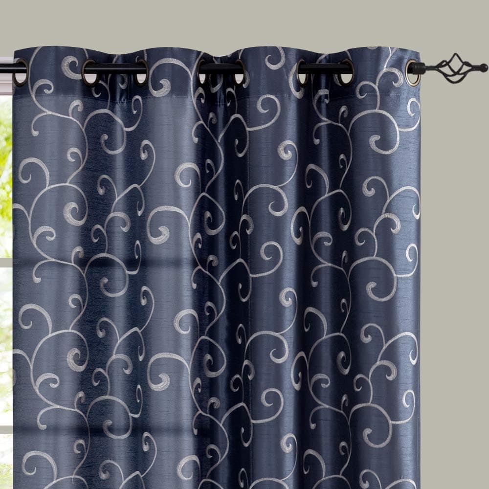 jinchan Curtains Blue Living Room Drapes Faux Silk Dupioni Swirl Embroidery Grommet Top Window Treatment Set Embroidered Drapery Bedroom Curtain 96 inches Set 2 Panels