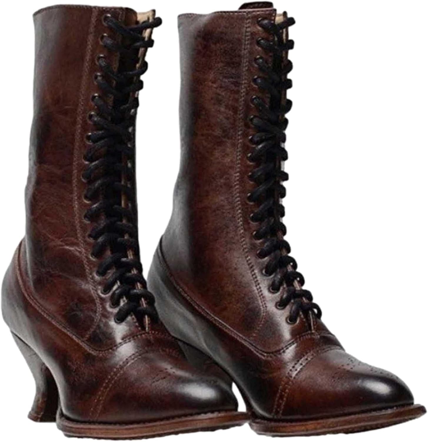 Women's Leather Boots Women Pointed Toe Lace Spike Heels Punk Heels Ankle Boots Shoes, Ladies Warm Mid Tube Boots Non Slip Outdoor Travel Shoes