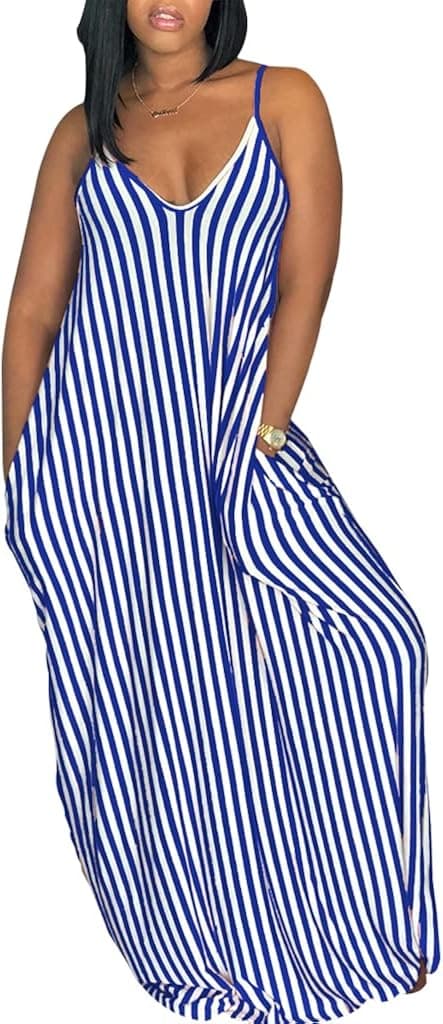 Women's Casual Stripe Long Maxi Dresses with Pockets Spaghetti Strap Sleeveless Loose Beach Sundress