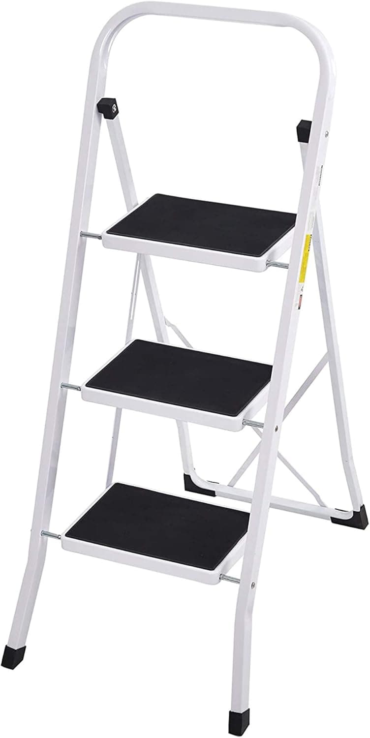 Sturdy Step Ladder 3 Step Heavy Duty Folding 3 Step Stool Home Kitchen Step Ladders, White