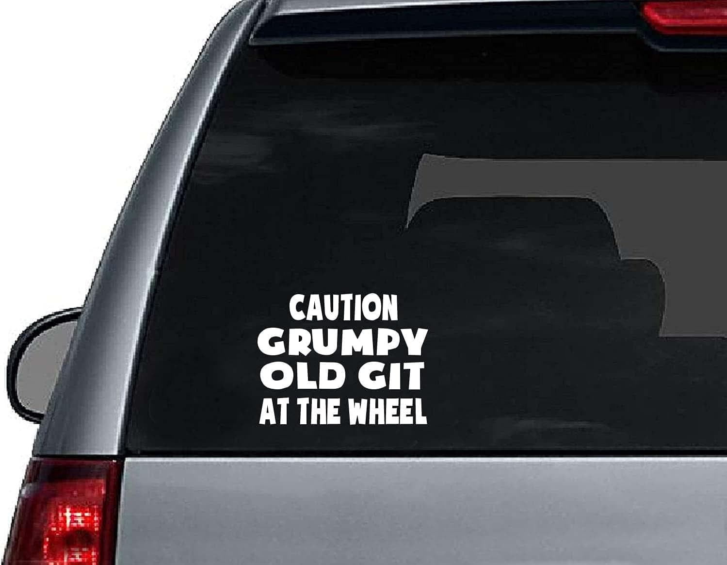 Caution Grumpy Old Git at The Wheel Color - White - Size - 6.4" x 4.9" Die Cut Vinyl Decal Sticker for Bumper & Car Window Laptops, MacBook, Trucks, Wall and More