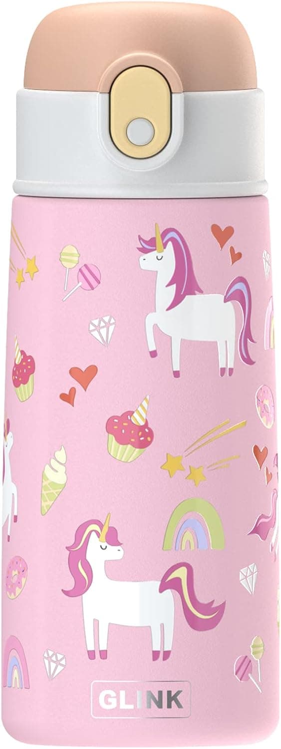 GLINK Kids Insulated Water Bottle with Straw for School, Cute Stainless Steel with Auto Flip Lid Water Bottle for Kids, Children, Boys, Girls (14oz, Unicorn-Pink)