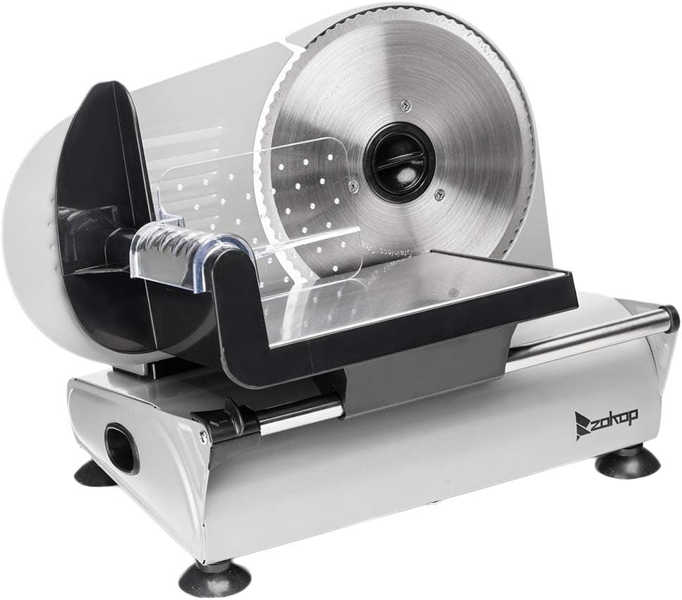 Zokop 110V/150W 7.5 inch Semi-automatic Belt Cutter Deli Food Machine Home Deli Food Slicer,Electric Deli Food Slicer,7.5 inch Stainless Steel Blades (Silver)