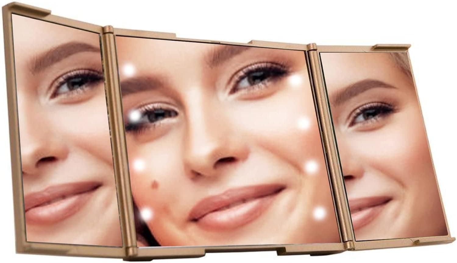 Impressions Vanity ReveaLight Trifold LED Compact Mirror with Flip Stand, Makeup Vanity Mirror with Lights and Power Switch, Makeup Mirror with Folding Panels for Travel (Champagne Gold)