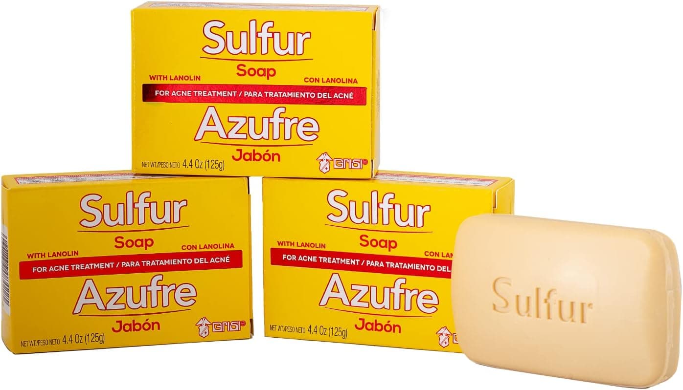 Sulfur Soap, Grisi, Acne Treatment, Cleaner Bar Soap, Helps you Reduce Oil Excess and Acne Pimples, Keeps Pores Cleaner, Sulfur 10%, 3-Pack of 4.4 Oz Each, 3 Bar Soaps
