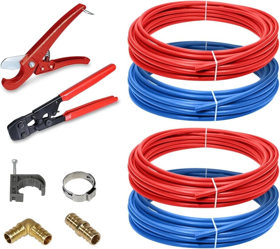 Pexflow PXKT1001234 Starter Kit with Crimper & Cutter Tools - Set includes Brass Elbow & Coupling Fittings, Cinch Clamps, Half Clamps, and 4 Rolls of 100ft PEX Tubing (2 of 1/2 inch and 2 of 3/4)